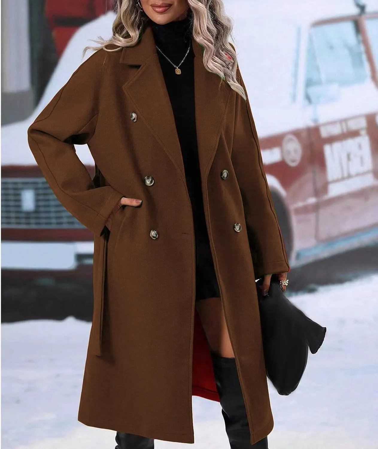 SEMATOMALA Women's Oversized Double Breasted Wool Blend Long Coat with Belt Notched Lapel Winter Trench Coat
