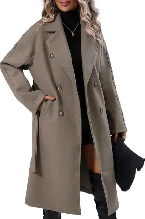SEMATOMALA Women's Oversized Double Breasted Wool Blend Long Coat with Belt Notched Lapel Winter Trench Coat