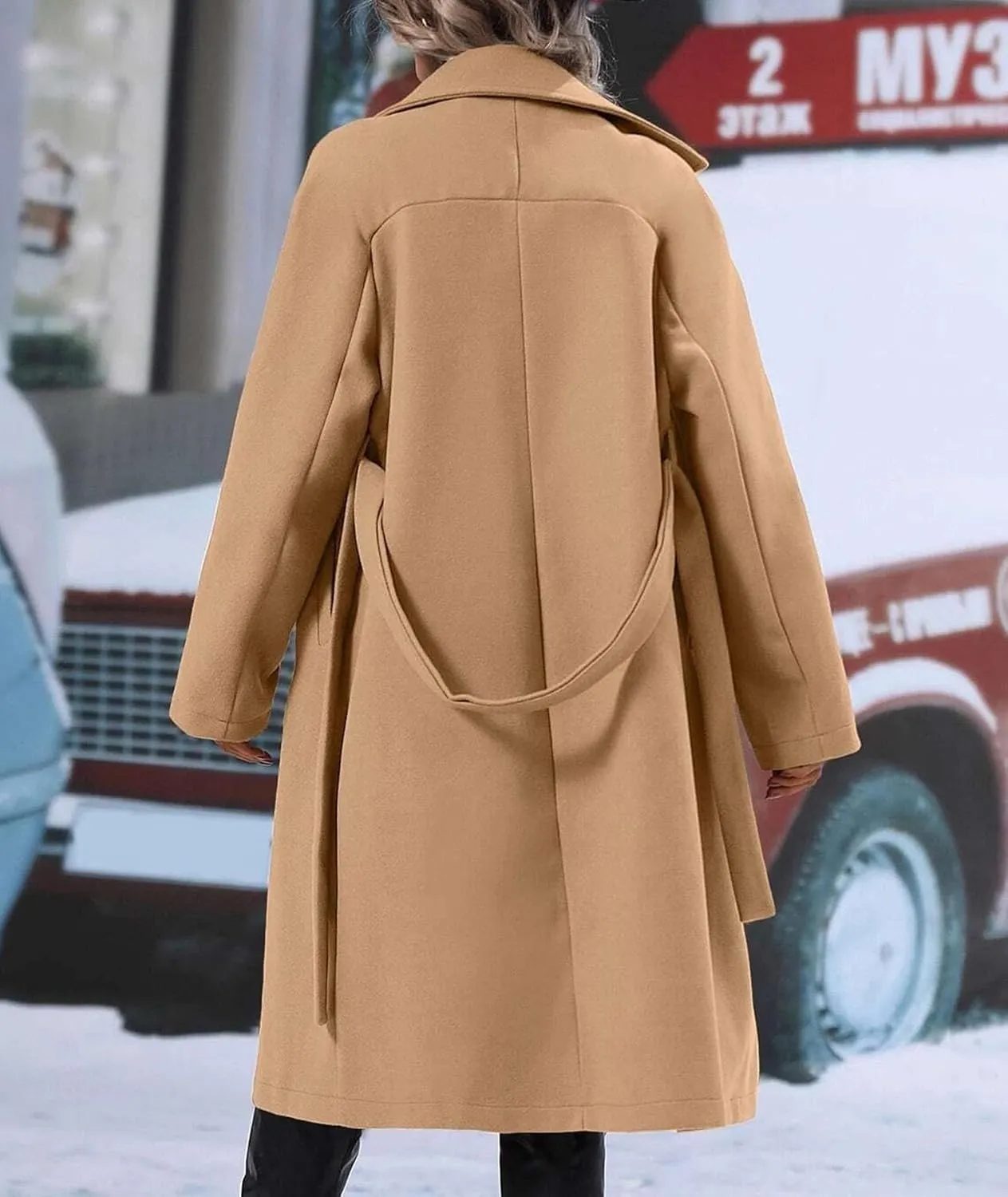 SEMATOMALA Women's Oversized Double Breasted Wool Blend Long Coat with Belt Notched Lapel Winter Trench Coat