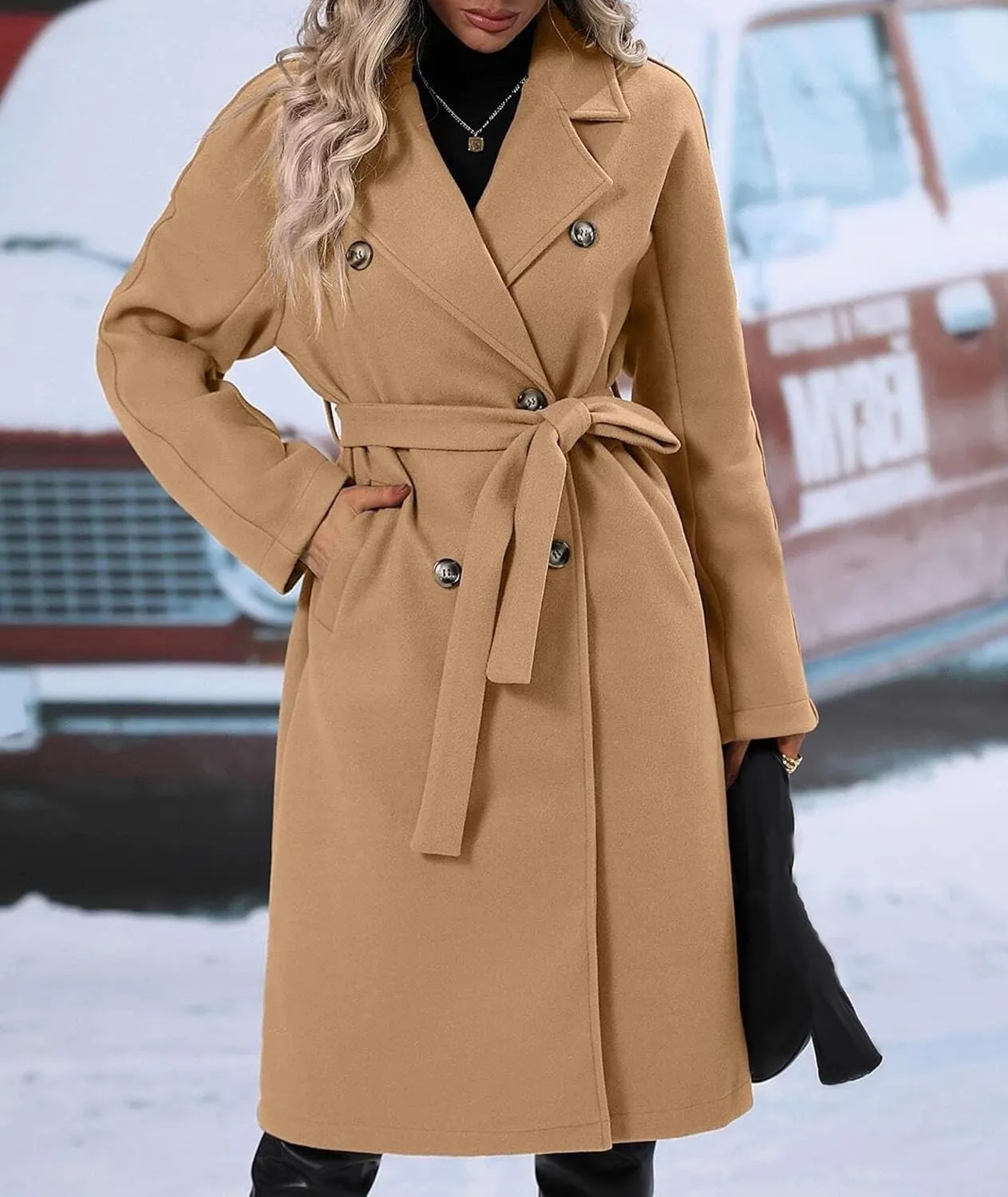 SEMATOMALA Women's Oversized Double Breasted Wool Blend Long Coat with Belt Notched Lapel Winter Trench Coat