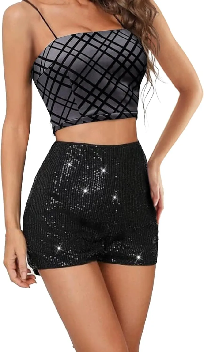 Sequin Shorts for Women High Waist Sparkly Rhinestone Shorts