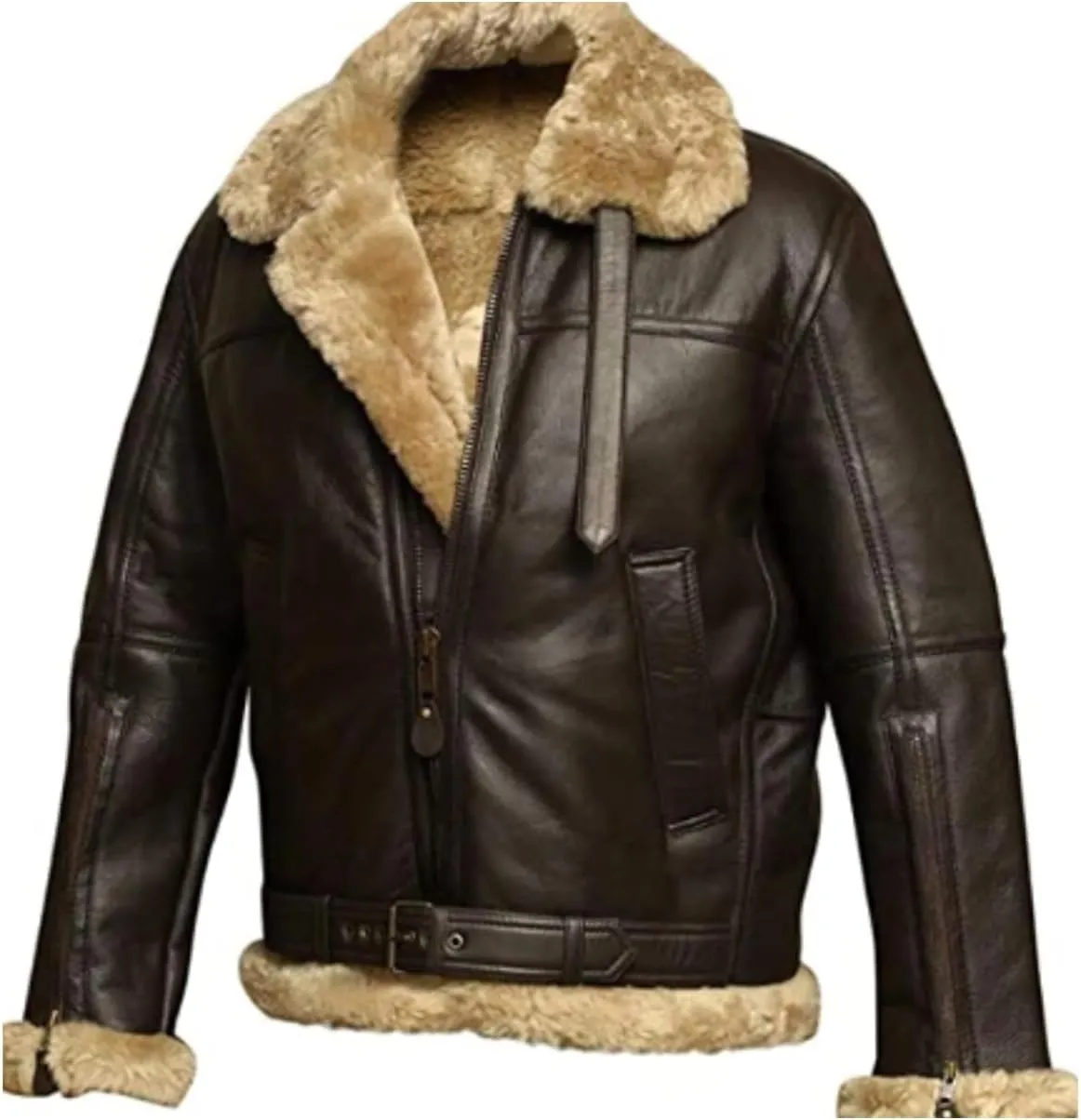 Sheepskin Leather Jacket Men Aviator Shearling B3 Bomber Jacket PU Zip Up Moto Biker Coat Thick Winter Fur Coat Outwear