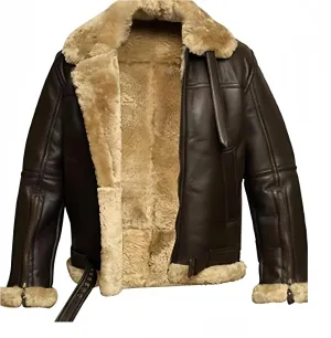 Sheepskin Leather Jacket Men Aviator Shearling B3 Bomber Jacket PU Zip Up Moto Biker Coat Thick Winter Fur Coat Outwear
