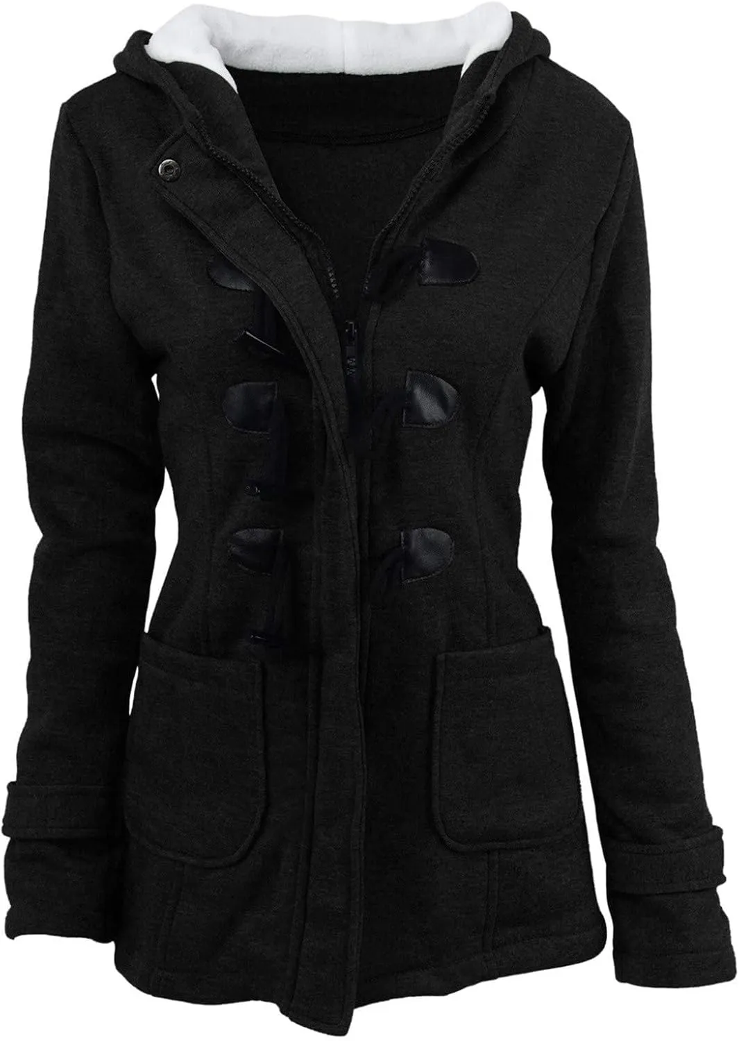 Sherpa Lined Hooded Jacket Women Winter Thicken Horn Button Long Sleeve Coats Casual Loose Wool Blend Pea Coat