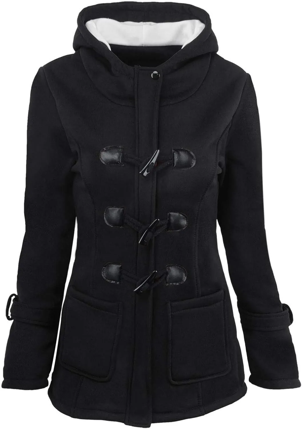 Sherpa Lined Hooded Jacket Women Winter Thicken Horn Button Long Sleeve Coats Casual Loose Wool Blend Pea Coat
