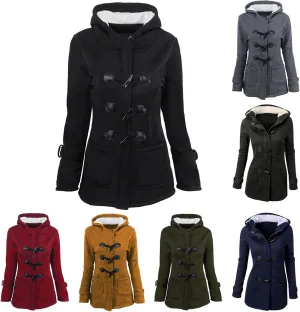 Sherpa Lined Hooded Jacket Women Winter Thicken Horn Button Long Sleeve Coats Casual Loose Wool Blend Pea Coat