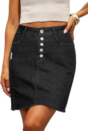 Sidefeel Women's Jean Skirt Stretchy Ripped Frayed Button Fly Zimbaplatinum Summer Denim Skorts Shorts