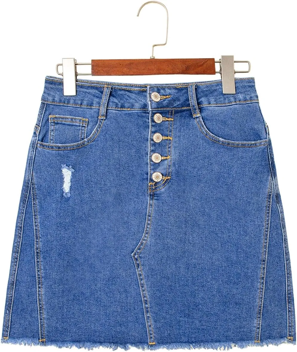 Sidefeel Women's Jean Skirt Stretchy Ripped Frayed Button Fly Zimbaplatinum Summer Denim Skorts Shorts