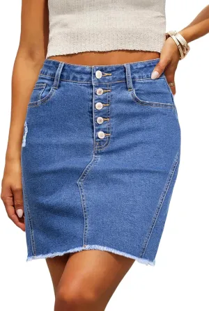 Sidefeel Women's Jean Skirt Stretchy Ripped Frayed Button Fly Zimbaplatinum Summer Denim Skorts Shorts