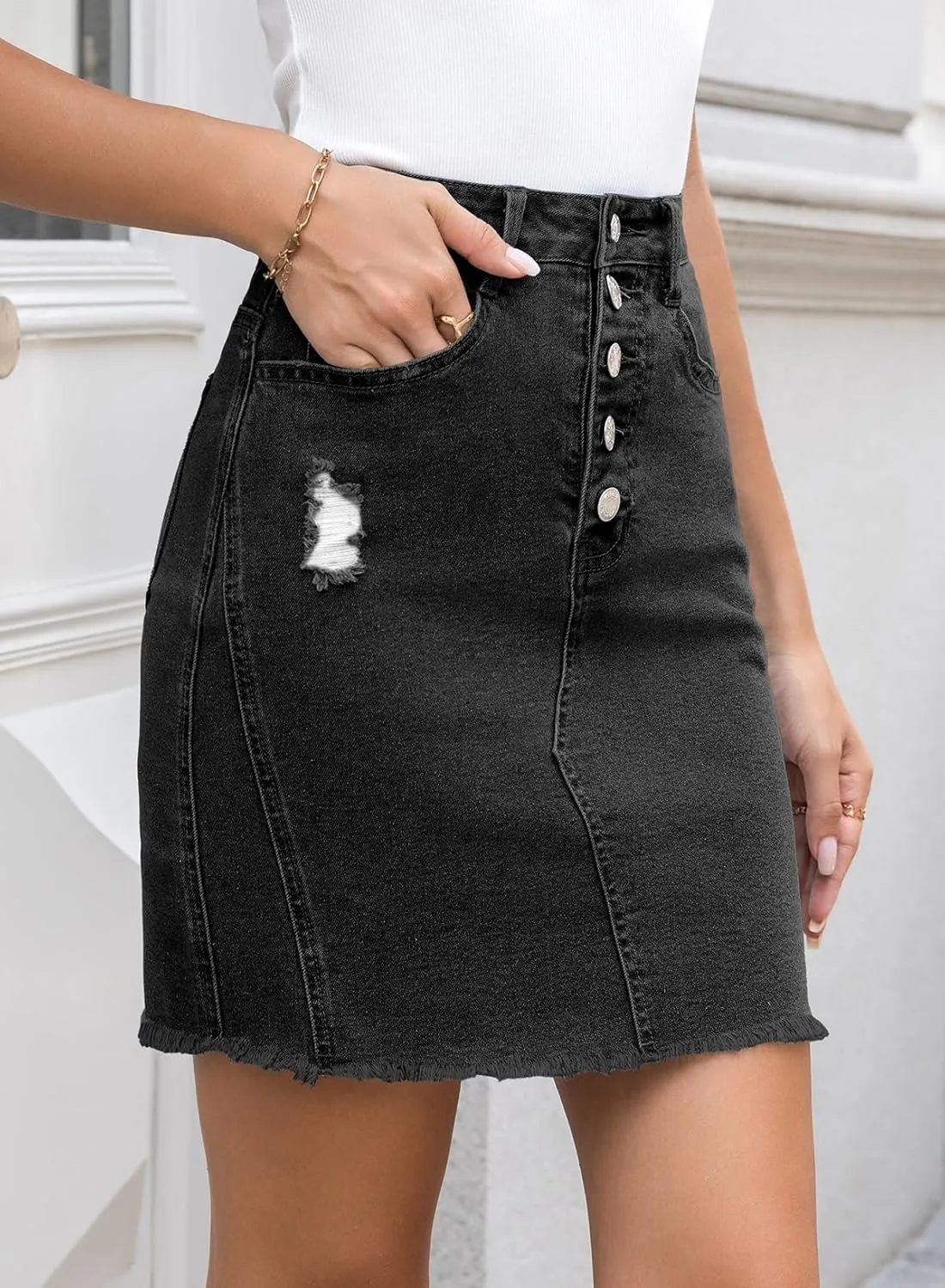 Sidefeel Women's Jean Skirt Stretchy Ripped Frayed Button Fly Zimbaplatinum Summer Denim Skorts Shorts