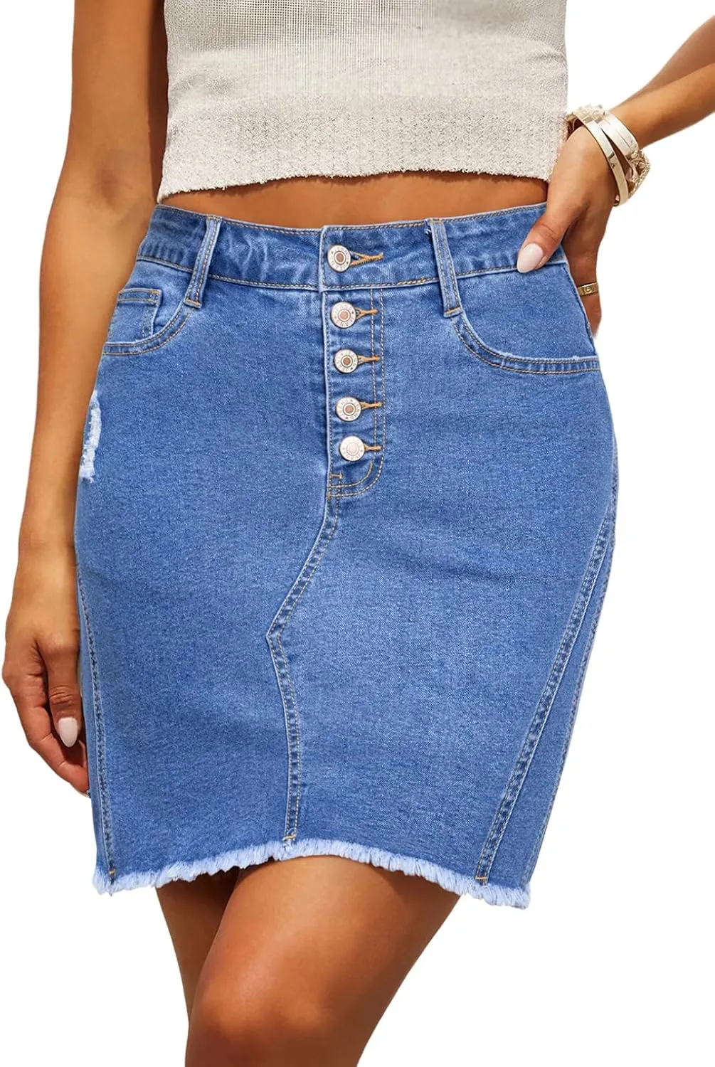Sidefeel Women's Jean Skirt Stretchy Ripped Frayed Button Fly Zimbaplatinum Summer Denim Skorts Shorts