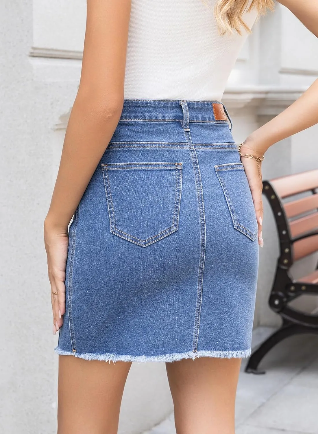Sidefeel Women's Jean Skirt Stretchy Ripped Frayed Button Fly Zimbaplatinum Summer Denim Skorts Shorts