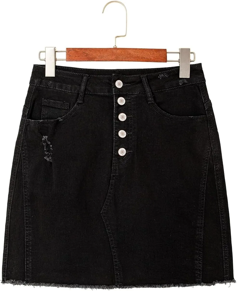Sidefeel Women's Jean Skirt Stretchy Ripped Frayed Button Fly Zimbaplatinum Summer Denim Skorts Shorts