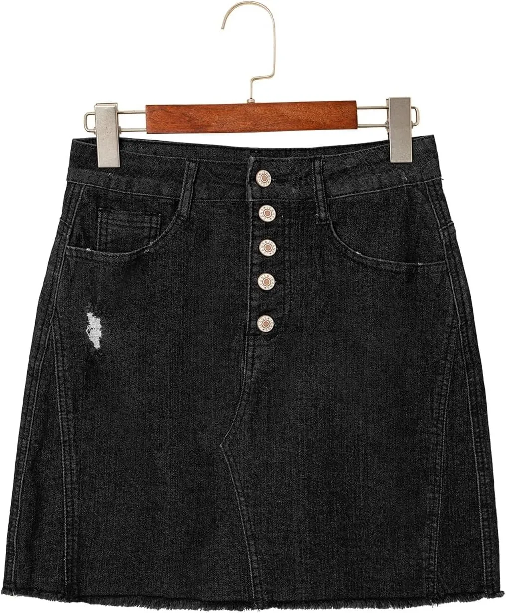Sidefeel Women's Jean Skirt Stretchy Ripped Frayed Button Fly Zimbaplatinum Summer Denim Skorts Shorts