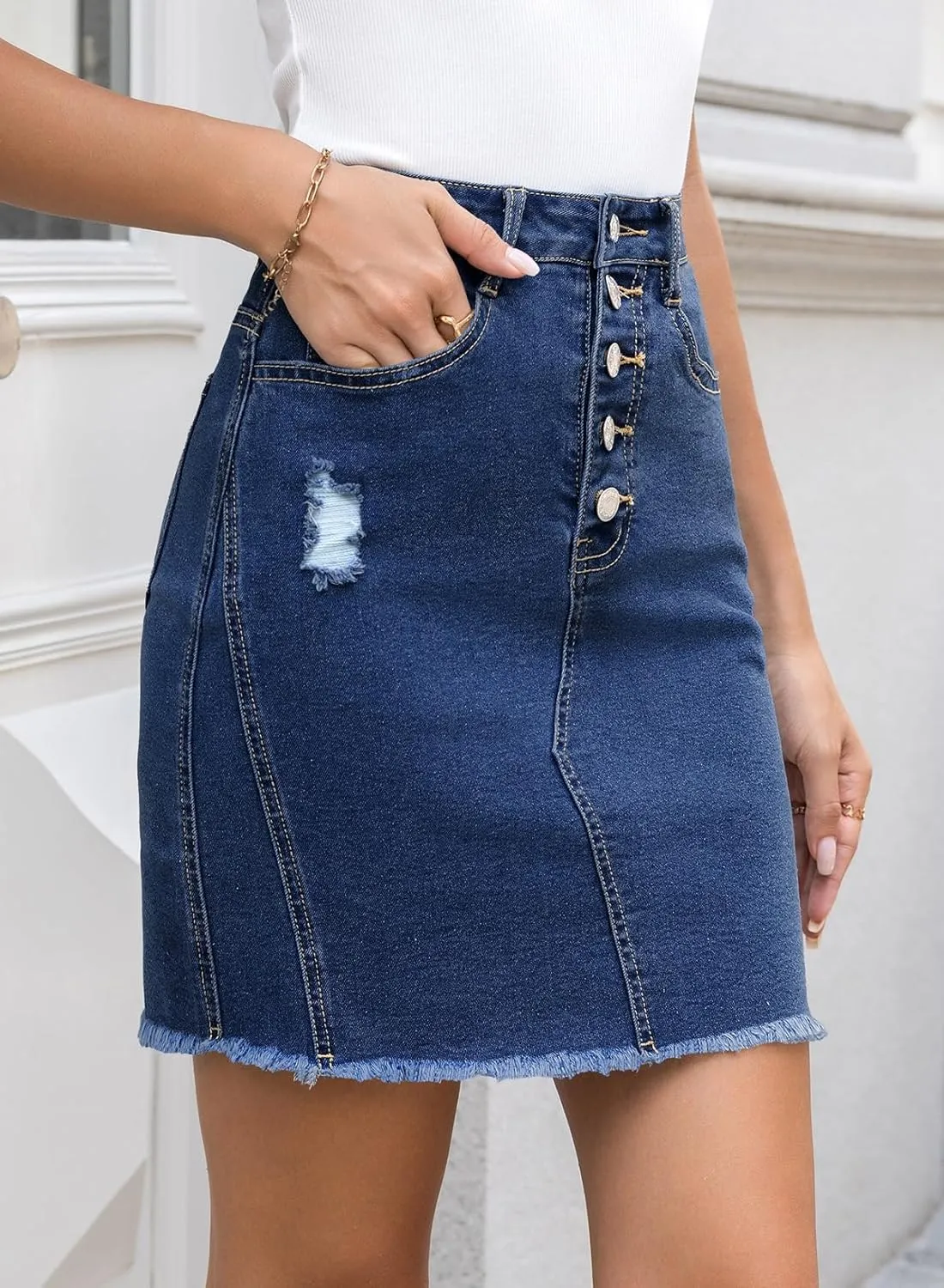 Sidefeel Women's Jean Skirt Stretchy Ripped Frayed Button Fly Zimbaplatinum Summer Denim Skorts Shorts