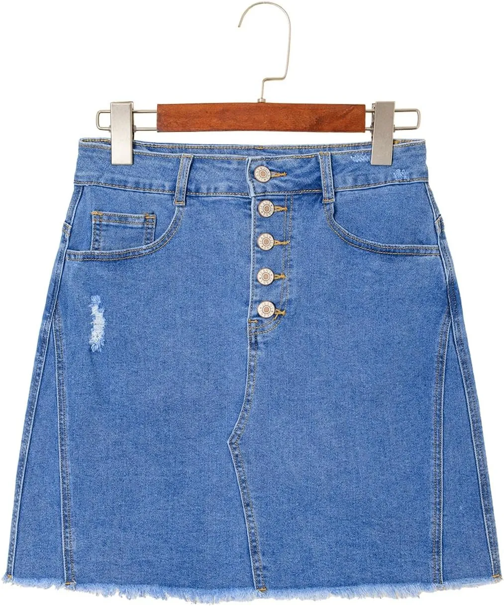 Sidefeel Women's Jean Skirt Stretchy Ripped Frayed Button Fly Zimbaplatinum Summer Denim Skorts Shorts
