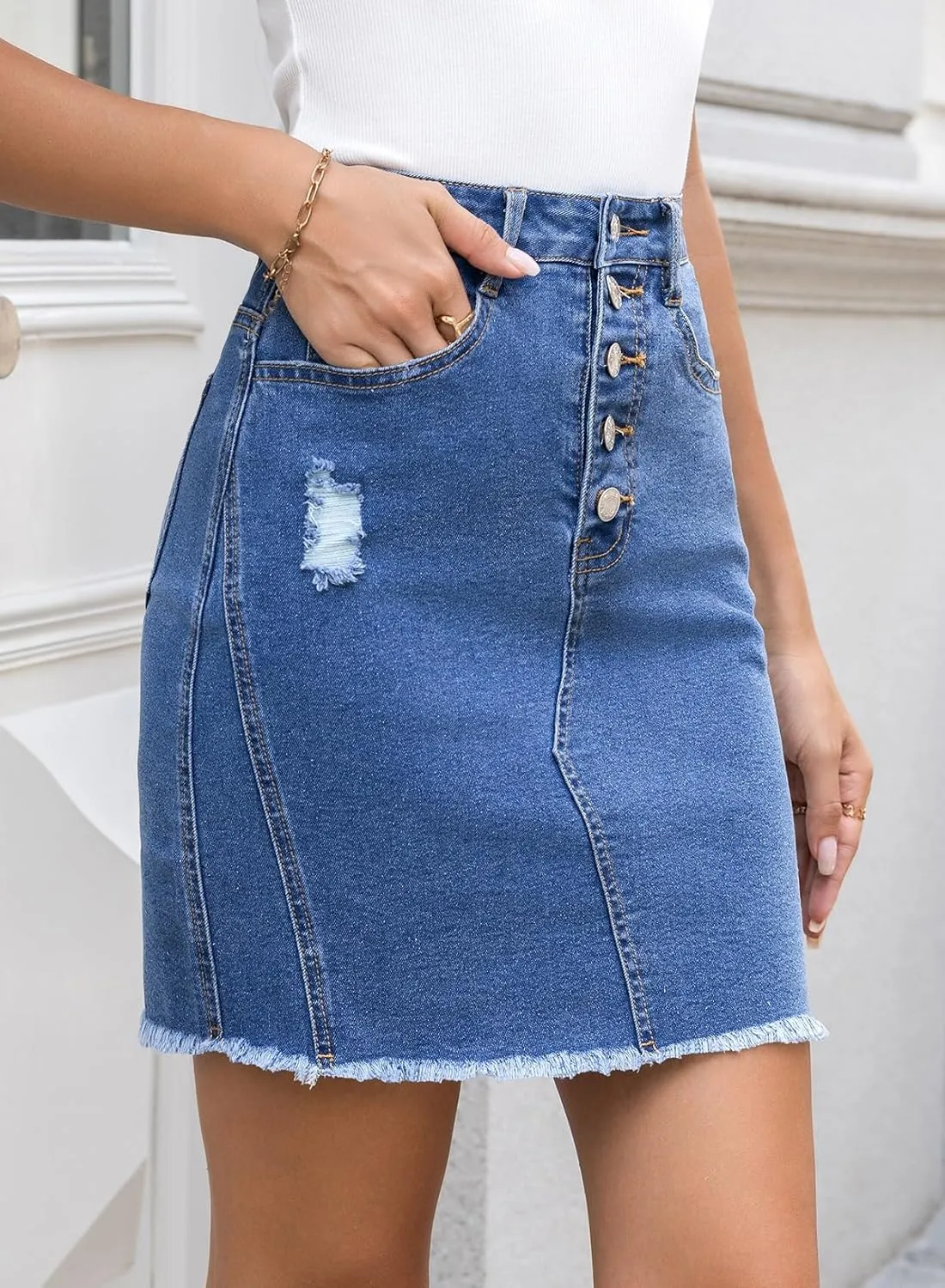 Sidefeel Women's Jean Skirt Stretchy Ripped Frayed Button Fly Zimbaplatinum Summer Denim Skorts Shorts
