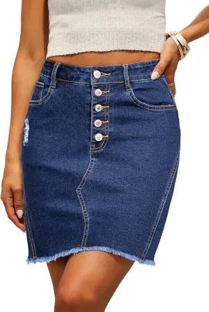 Sidefeel Women's Jean Skirt Stretchy Ripped Frayed Button Fly Zimbaplatinum Summer Denim Skorts Shorts