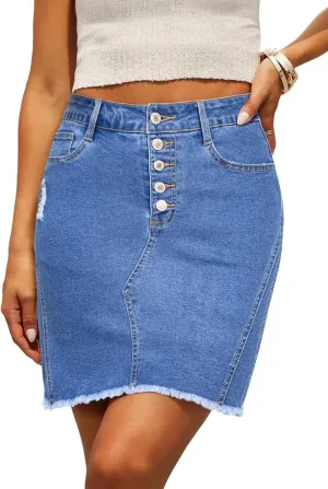Sidefeel Women's Jean Skirt Stretchy Ripped Frayed Button Fly Zimbaplatinum Summer Denim Skorts Shorts