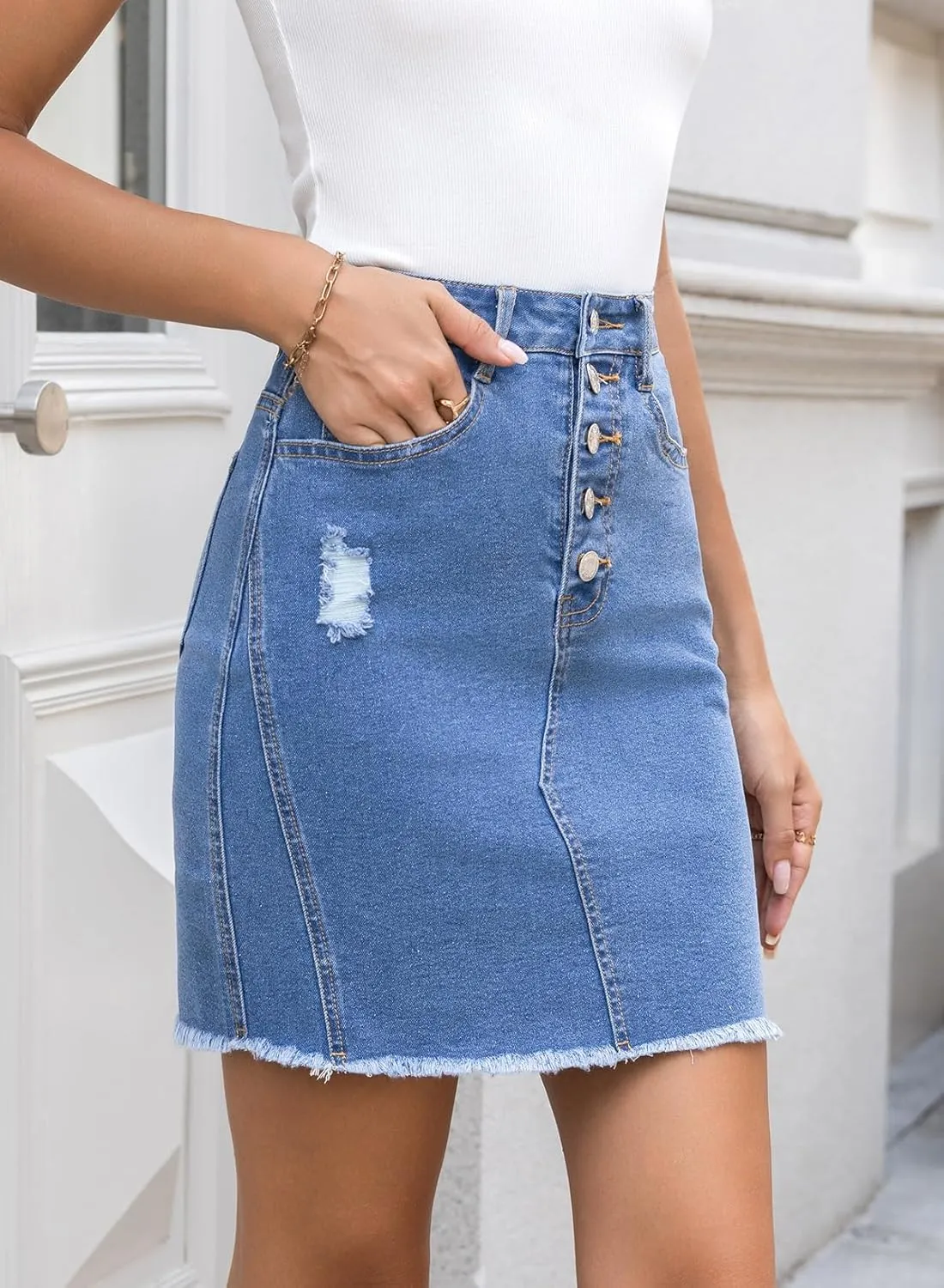 Sidefeel Women's Jean Skirt Stretchy Ripped Frayed Button Fly Zimbaplatinum Summer Denim Skorts Shorts