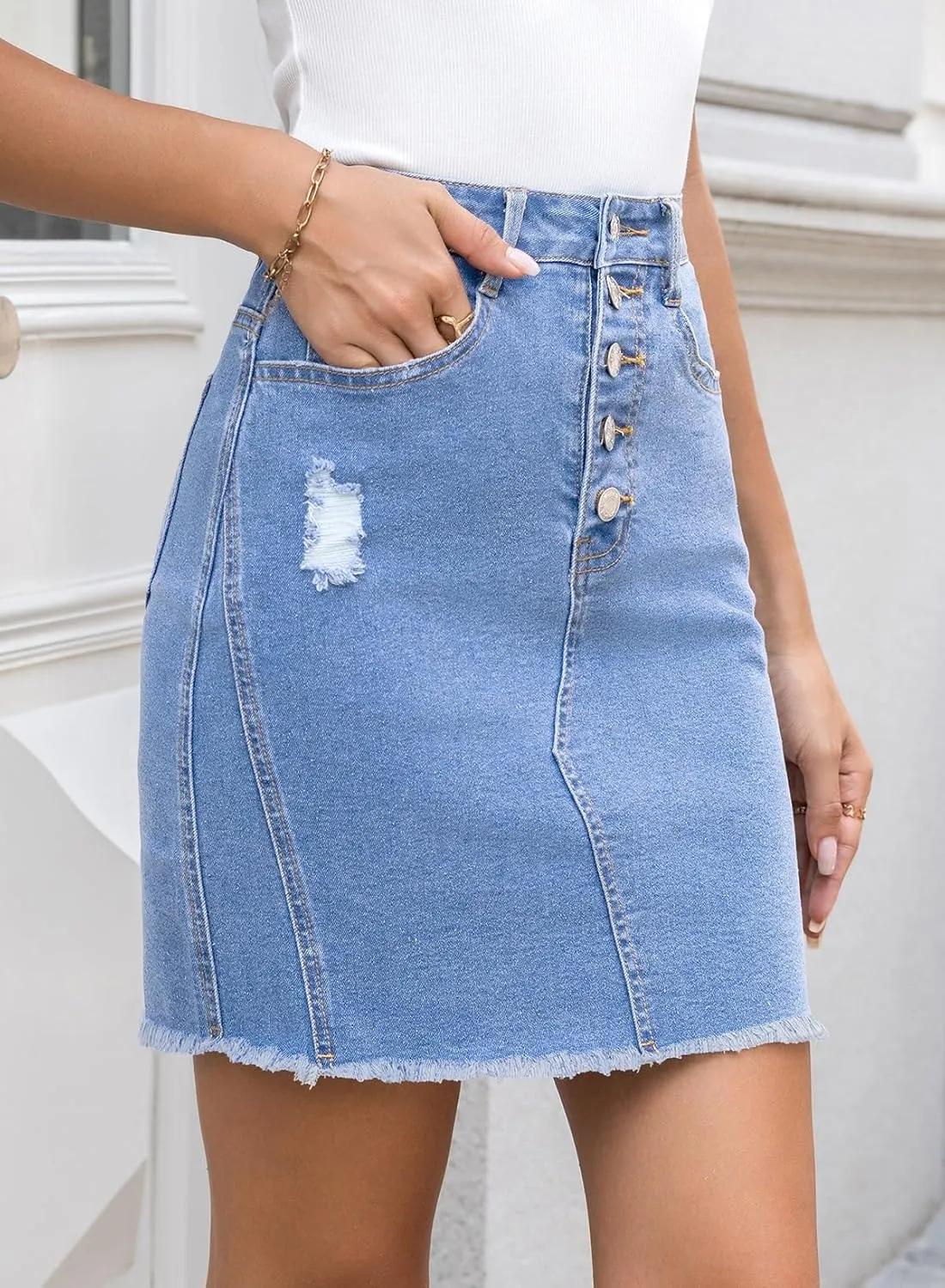 Sidefeel Women's Jean Skirt Stretchy Ripped Frayed Button Fly Zimbaplatinum Summer Denim Skorts Shorts