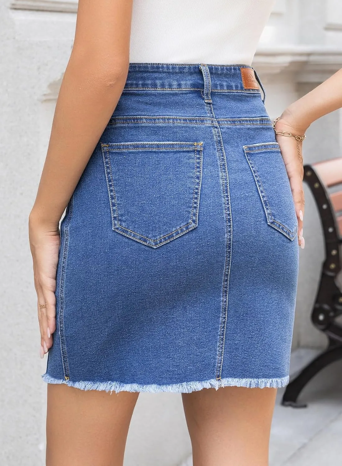 Sidefeel Women's Jean Skirt Stretchy Ripped Frayed Button Fly Zimbaplatinum Summer Denim Skorts Shorts
