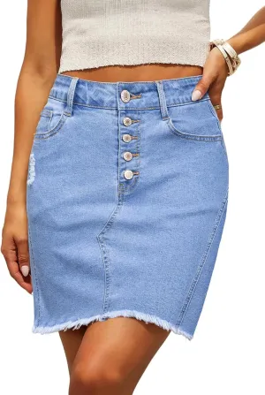 Sidefeel Women's Jean Skirt Stretchy Ripped Frayed Button Fly Zimbaplatinum Summer Denim Skorts Shorts