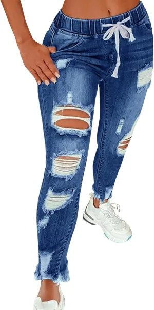 SOMTHRON Women's High Rise Distressed Slim Punk Denim Jeans High Waist Skinny Destroyed Ripped Pencil Jeans Pants