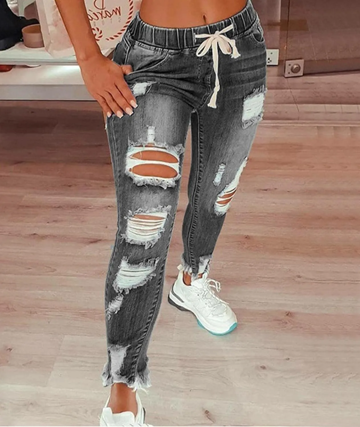 SOMTHRON Women's High Rise Distressed Slim Punk Denim Jeans High Waist Skinny Destroyed Ripped Pencil Jeans Pants