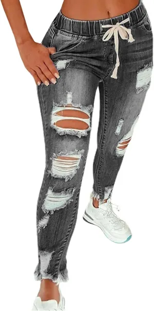SOMTHRON Women's High Rise Distressed Slim Punk Denim Jeans High Waist Skinny Destroyed Ripped Pencil Jeans Pants