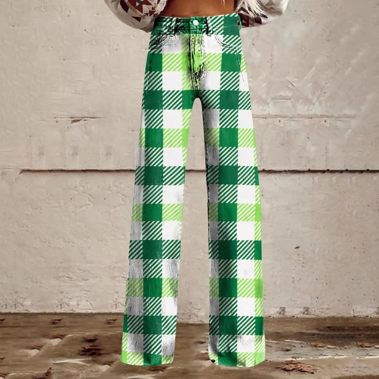 St Patrick's Day Jeans for Women Wide Leg Baggy Vintage Irish Clover Printed High Waisted Straight Pants with Pocket