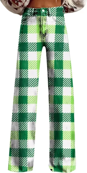 St Patrick's Day Jeans for Women Wide Leg Baggy Vintage Irish Clover Printed High Waisted Straight Pants with Pocket