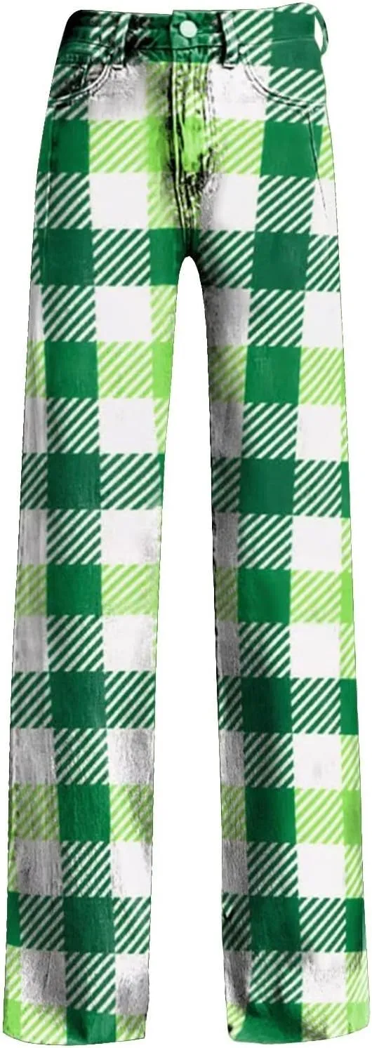 St Patrick's Day Jeans for Women Wide Leg Baggy Vintage Irish Clover Printed High Waisted Straight Pants with Pocket