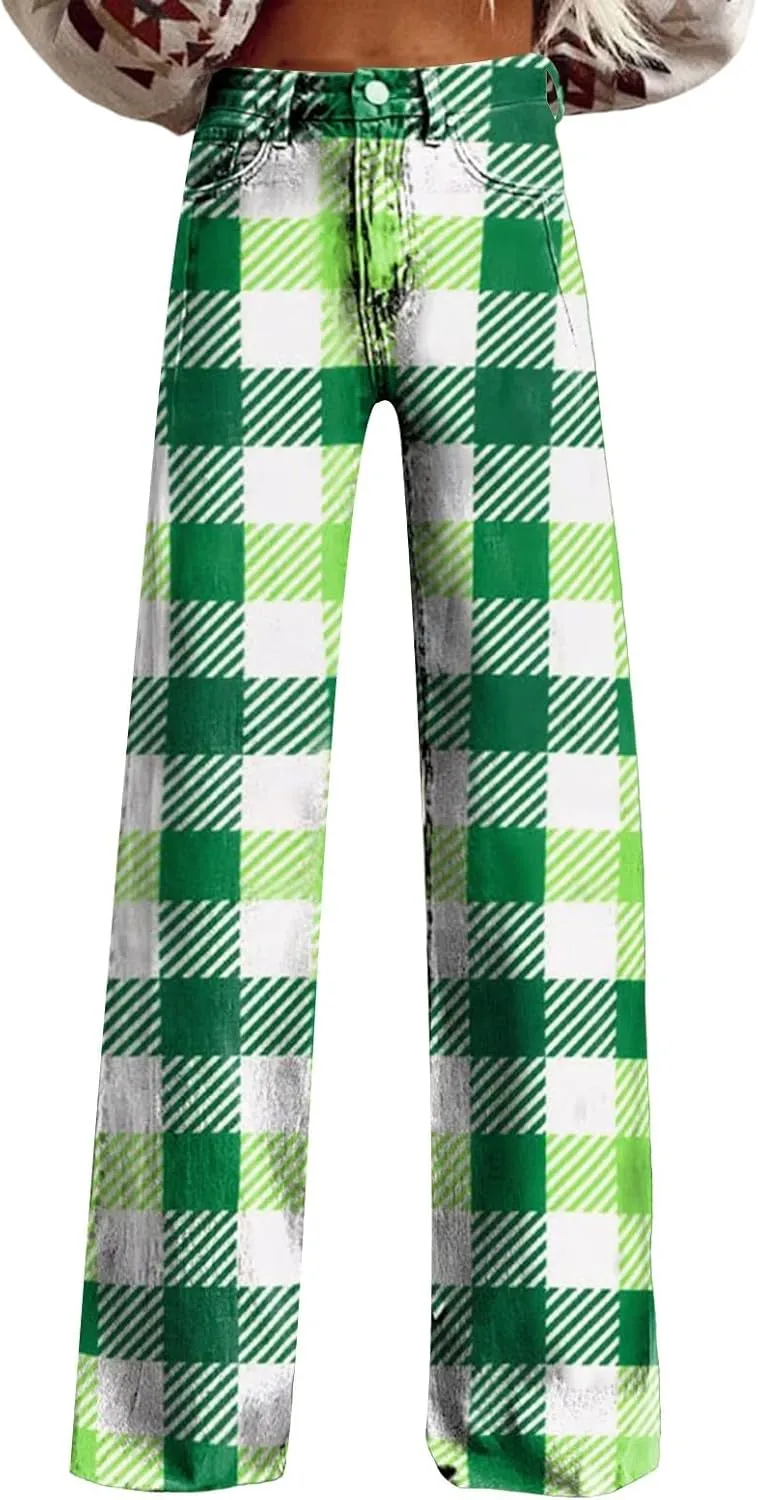 St Patrick's Day Jeans for Women Wide Leg Baggy Vintage Irish Clover Printed High Waisted Straight Pants with Pocket