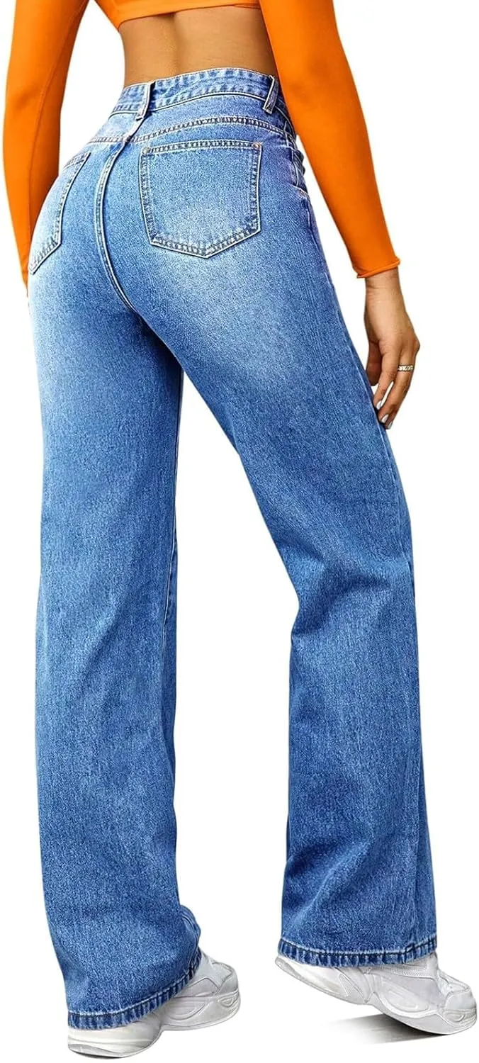 Straight Leg Jeans for Women High Waisted Stretchy Wide Leg Boyfriend Denim Pants Trendy Versatile 90s Trouser Jeans