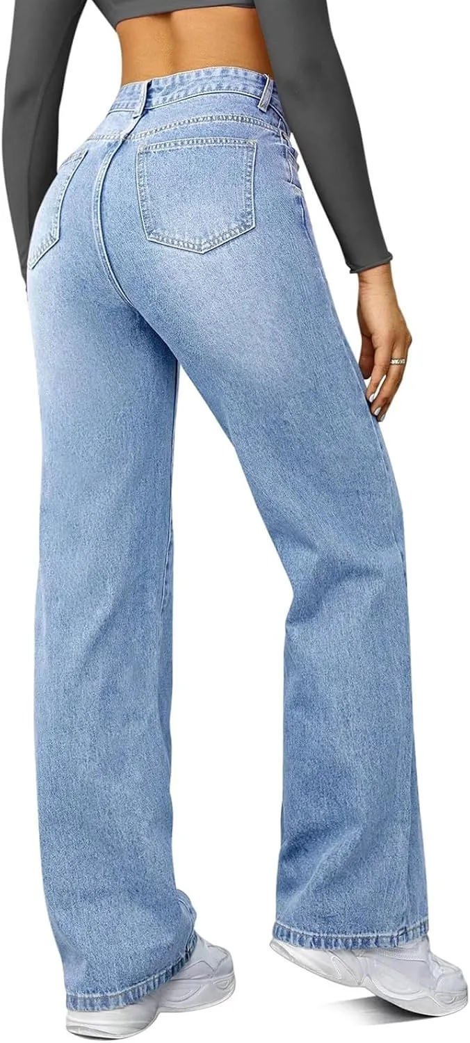 Straight Leg Jeans for Women High Waisted Stretchy Wide Leg Boyfriend Denim Pants Trendy Versatile 90s Trouser Jeans