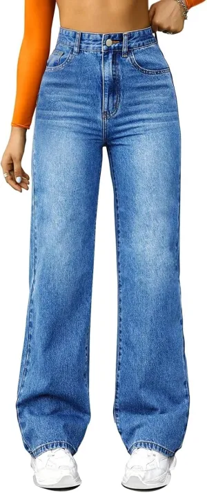 Straight Leg Jeans for Women High Waisted Stretchy Wide Leg Boyfriend Denim Pants Trendy Versatile 90s Trouser Jeans