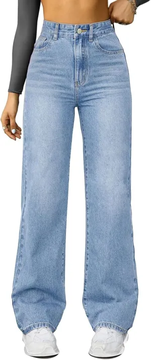 Straight Leg Jeans for Women High Waisted Stretchy Wide Leg Boyfriend Denim Pants Trendy Versatile 90s Trouser Jeans