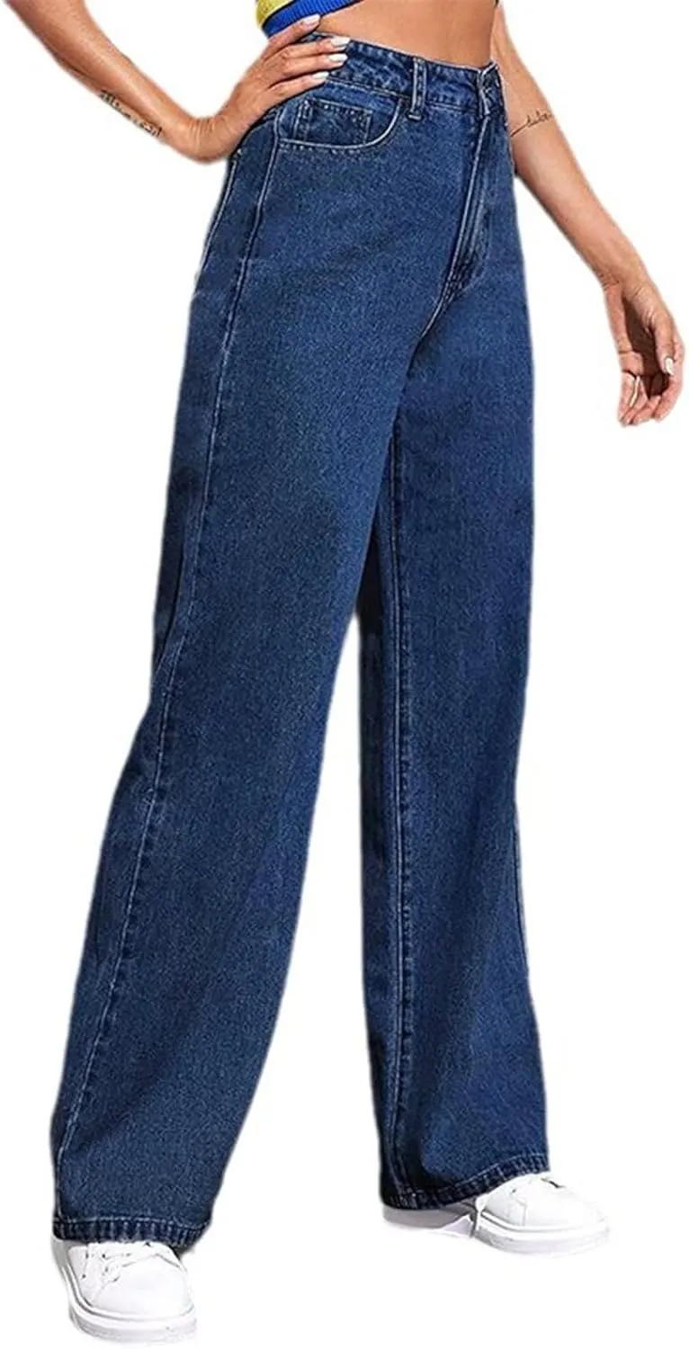 Straight Leg Jeans Women Soft High Waisted Wide Leg Jeans Plus Size Boyfriend Jeans Comfy Denim Pants with Pockets