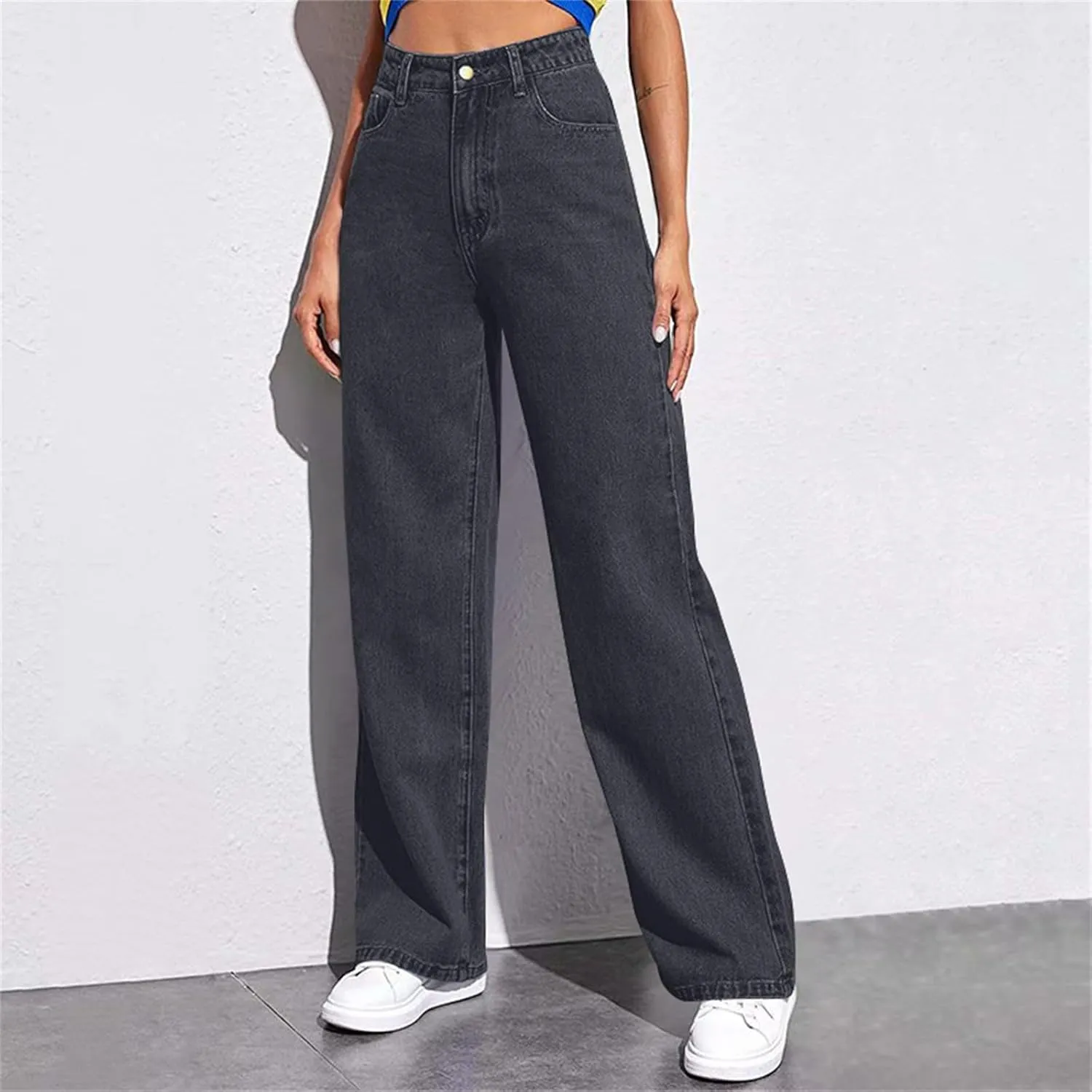 Straight Leg Jeans Women Soft High Waisted Wide Leg Jeans Plus Size Boyfriend Jeans Comfy Denim Pants with Pockets