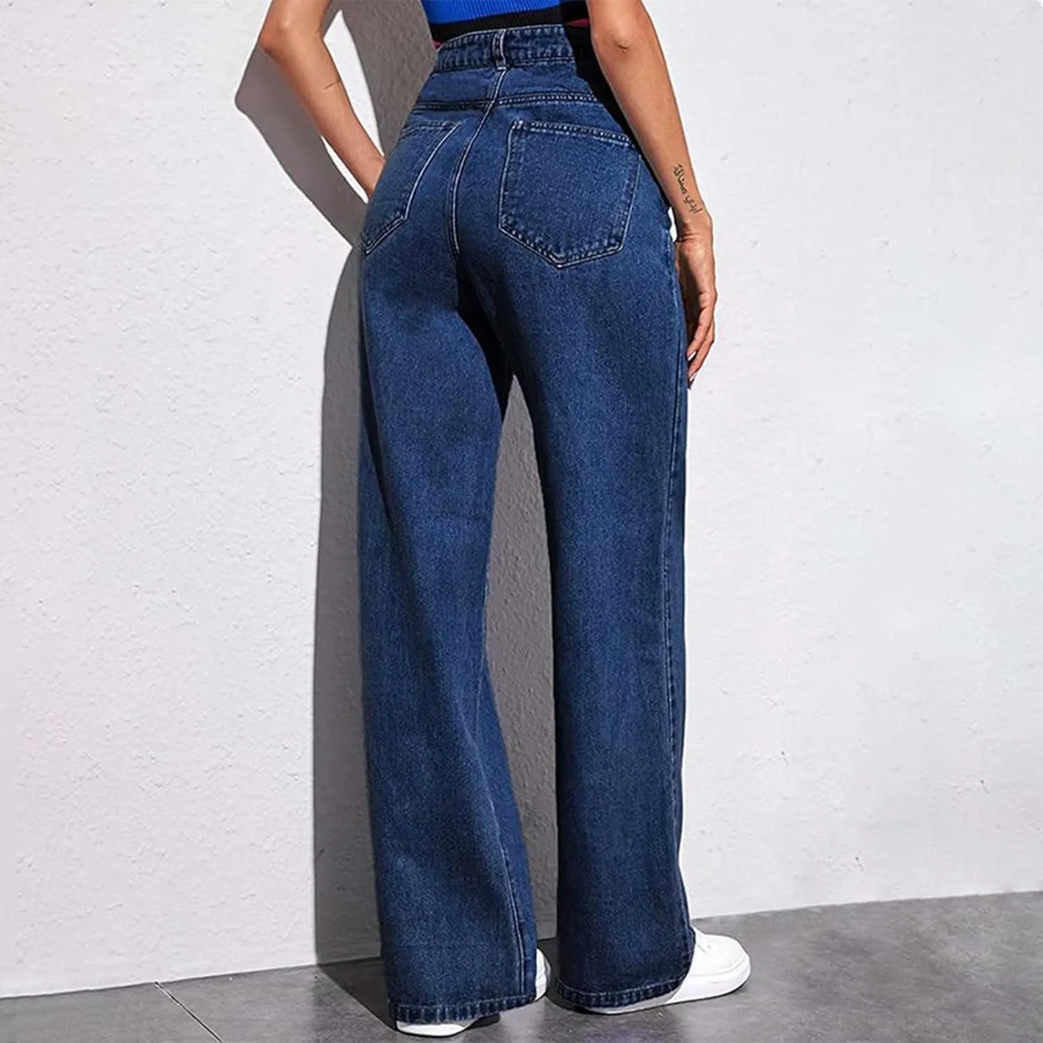 Straight Leg Jeans Women Soft High Waisted Wide Leg Jeans Plus Size Boyfriend Jeans Comfy Denim Pants with Pockets