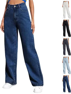 Straight Leg Jeans Women Soft High Waisted Wide Leg Jeans Plus Size Boyfriend Jeans Comfy Denim Pants with Pockets