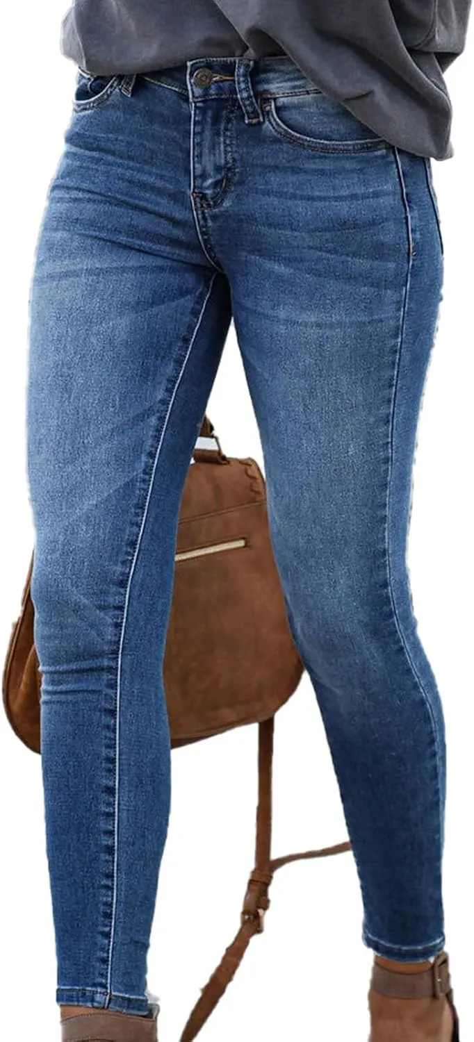 Stretchy Jeans for Women High Waisted Button Denim Leggings Slim Fit Straight Leg Pencil Trousers Casual Skinny Jeans