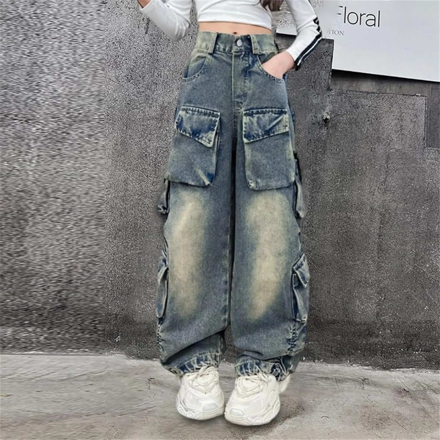 Teens Girls Denim Baggy Jeans Kids Girls High Waisted Elastic Distressed Washed Wide Leg Jeans Pants with Multi Pockets