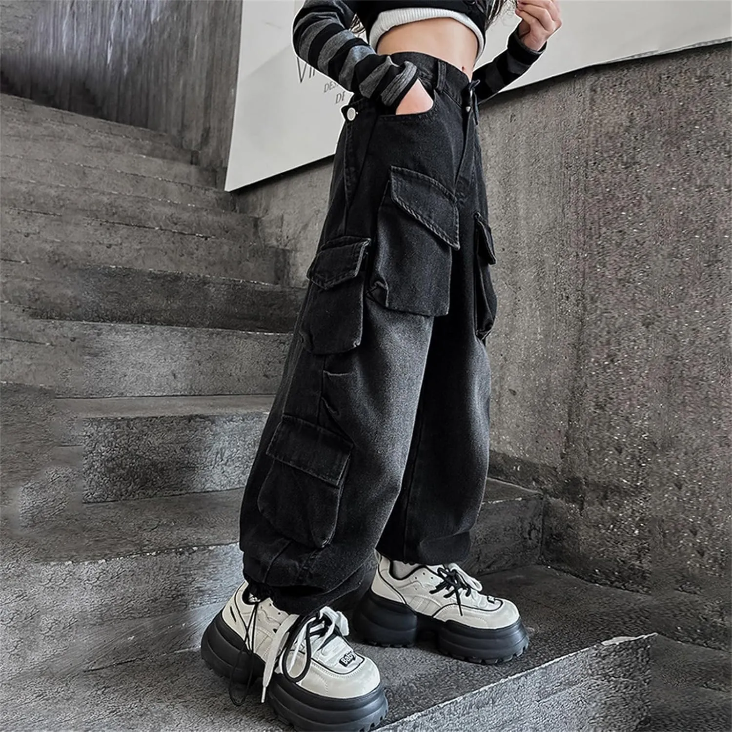 Teens Girls Denim Baggy Jeans Kids Girls High Waisted Elastic Distressed Washed Wide Leg Jeans Pants with Multi Pockets