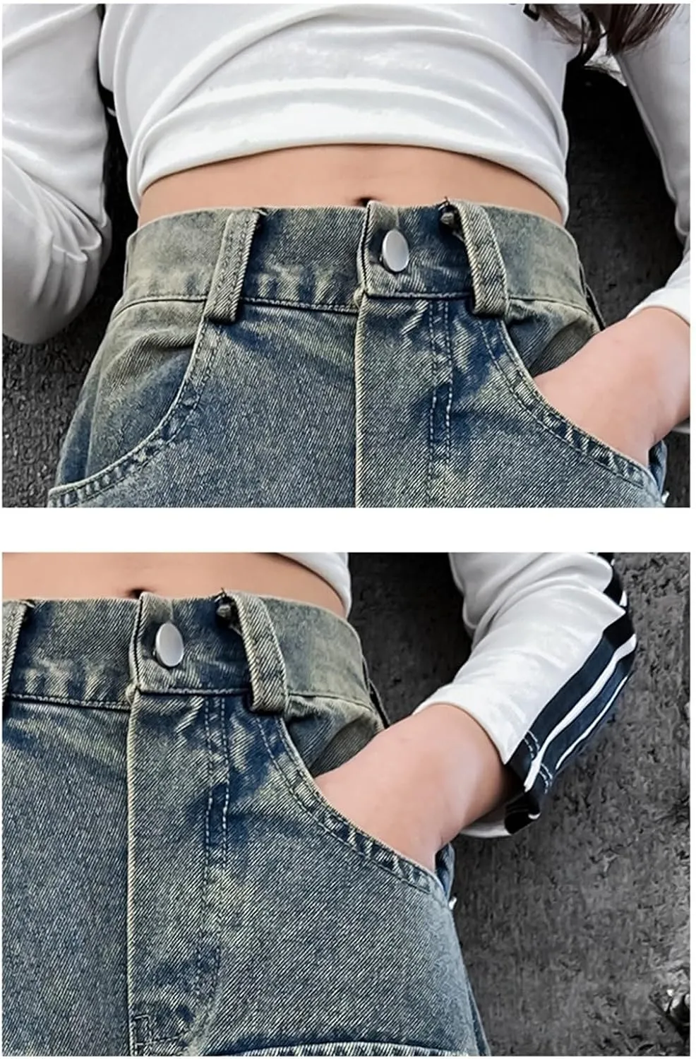 Teens Girls Denim Baggy Jeans Kids Girls High Waisted Elastic Distressed Washed Wide Leg Jeans Pants with Multi Pockets