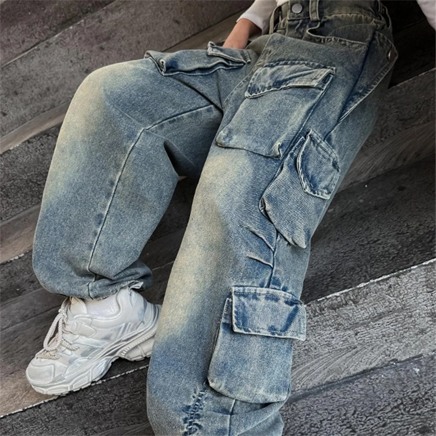 Teens Girls Denim Baggy Jeans Kids Girls High Waisted Elastic Distressed Washed Wide Leg Jeans Pants with Multi Pockets