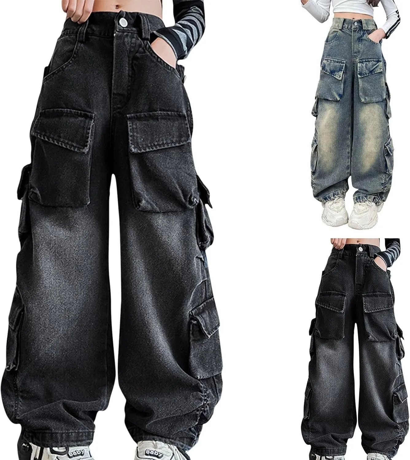 Teens Girls Denim Baggy Jeans Kids Girls High Waisted Elastic Distressed Washed Wide Leg Jeans Pants with Multi Pockets