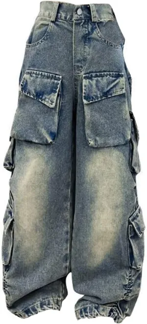 Teens Girls Denim Baggy Jeans Kids Girls High Waisted Elastic Distressed Washed Wide Leg Jeans Pants with Multi Pockets