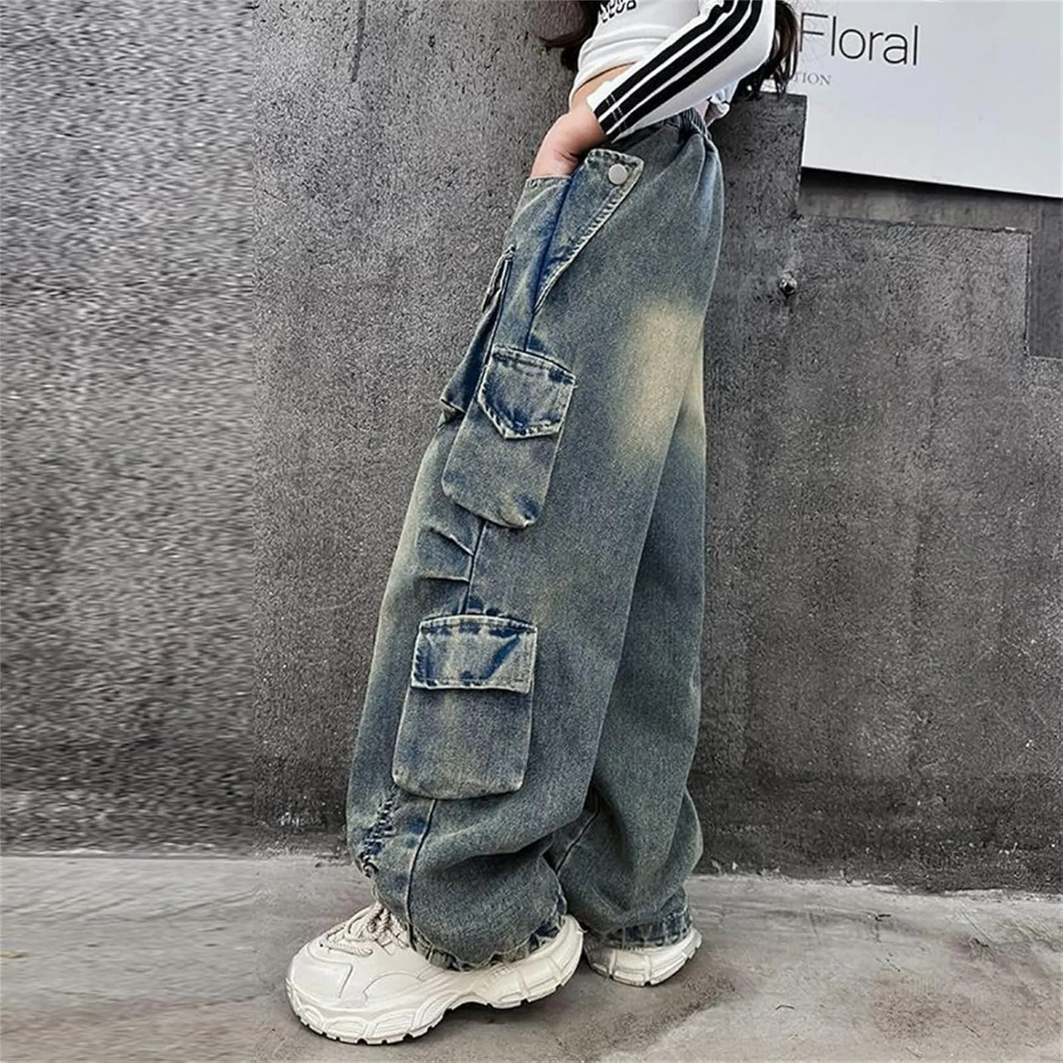 Teens Girls Denim Baggy Jeans Kids Girls High Waisted Elastic Distressed Washed Wide Leg Jeans Pants with Multi Pockets